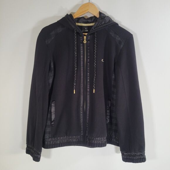 LECAF SPORTS Black Hooded Jacket Size L Satin Details Lightweight Cotton Blend - Picture 1 of 13
